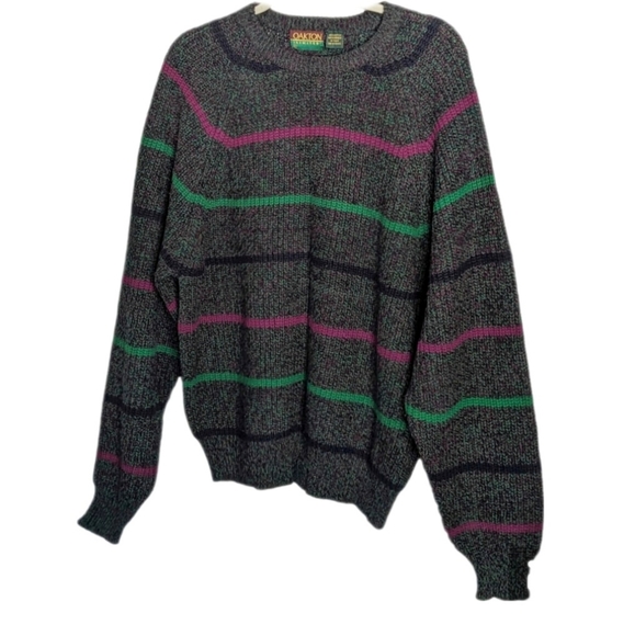 Vintage 1980s Medium Gray Oakton Striped Pullover Grandpa Chic Sweater - Picture 3 of 6